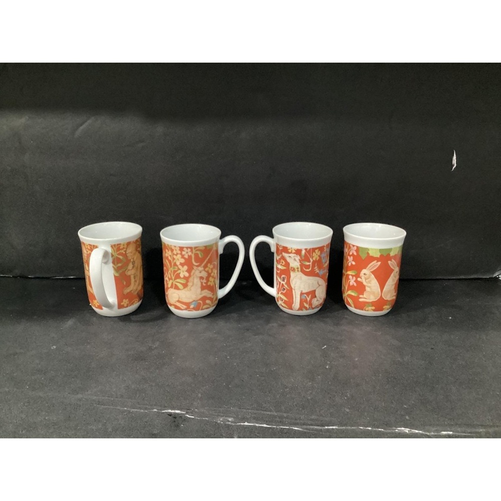 4 Seymour Mann 1976 Flemish Tapestry Hunt  Dog  Monkey Rabbit Mugs JAPAN Vintage
